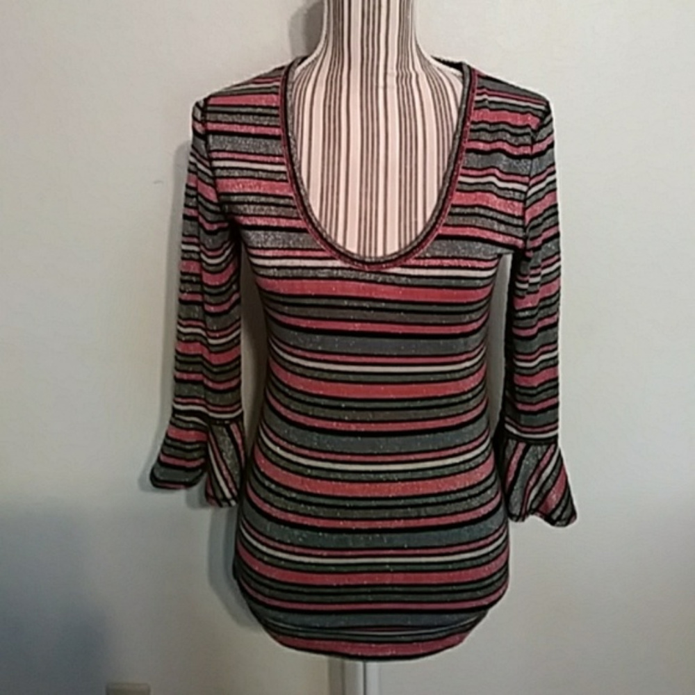 Free People Metallic Bell Sleeve U Neck Top Sz M